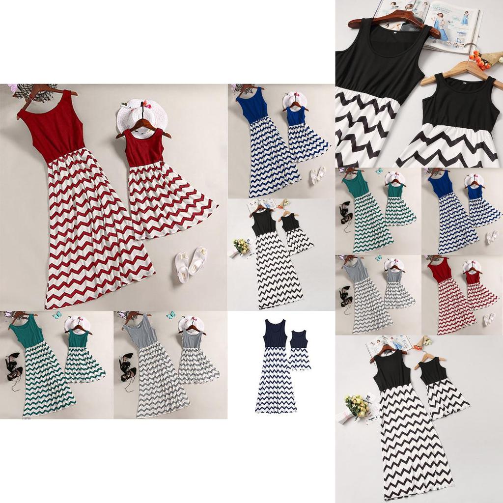 Stylish Mother And Daughter Fashion Casual Boho Stripe Maxi Matching Dress Outfits