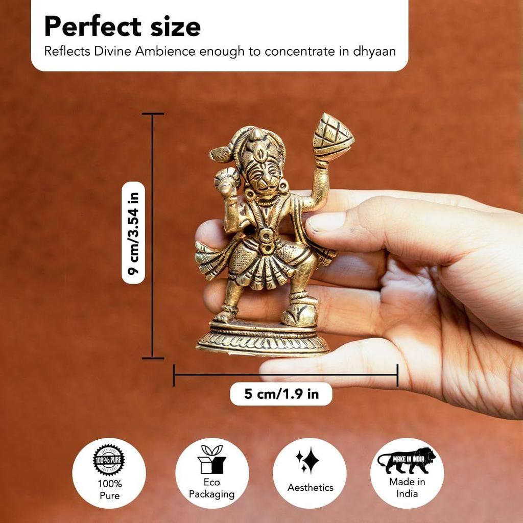 100% Čistá mosazná Hanuman Ji Murti pro domácí púdžu | Idol Pána Hanumana na stůl, do auta a pro domácí dekoraci