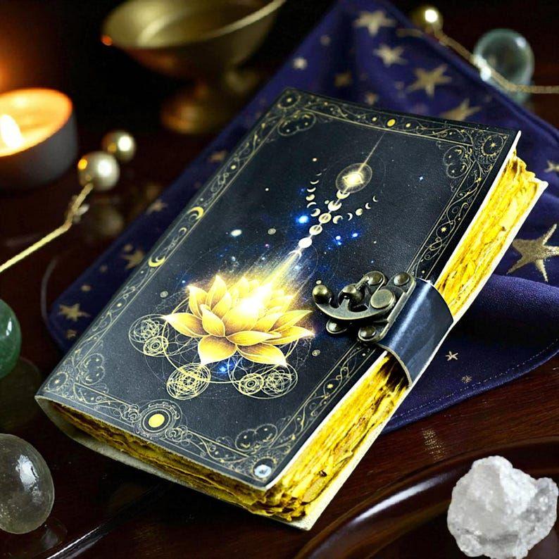 Golden Lotus Leather Journal: Handmade Book of Shadows, Witchy Grimoire