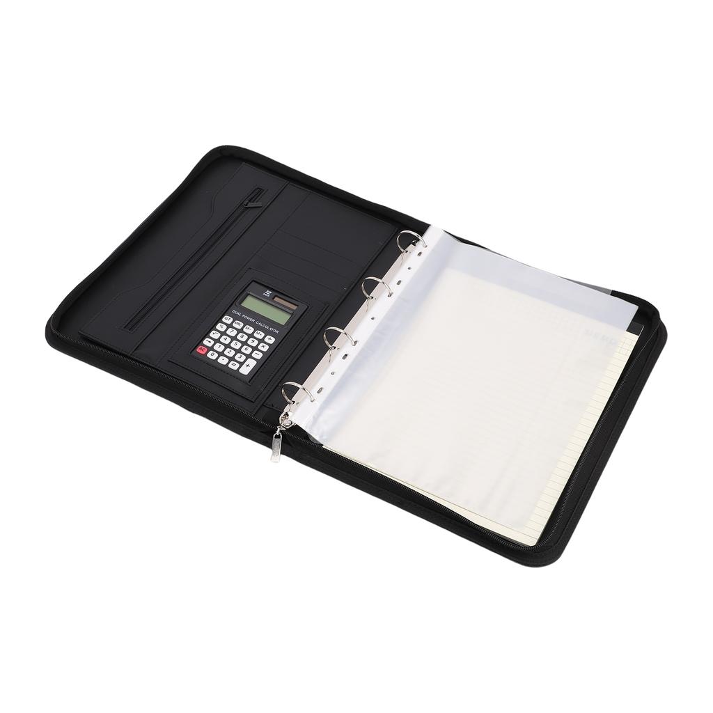 Business Portfolio with Zipper 10 Transparent File Bags PU Leather 30 Sheets Notebook 12 Digit Solar Calculator 10.1
