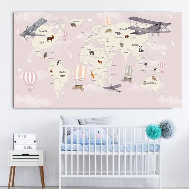 Cartoon Ocean Animal World Map Wall Art Canvas Painting Nordic Posters And Prints Nursery Wall Pictures For Kids Room Decoration