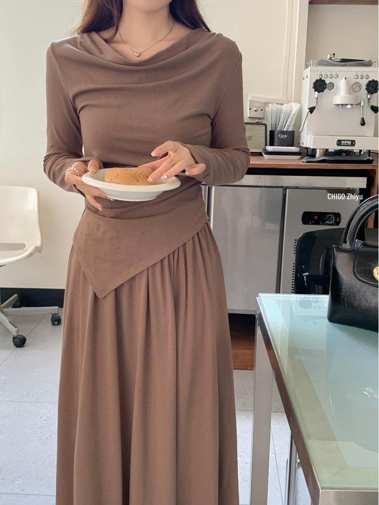 Women's Autumn Two-Piece Set: Irregular Off-Shoulder Long-Sleeve Top & High-Waisted Midi Skirt