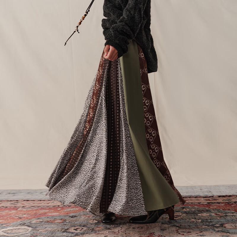 GREEN BELT Women's Retro Patchwork A-line Long Skirt