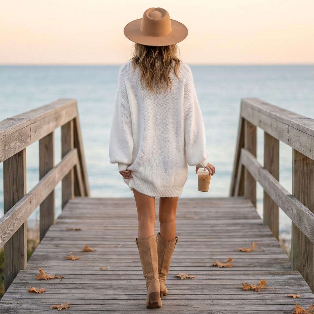 Women's V-Neck Color Knit Sweater Dress Long Sleeve for Casual Wear