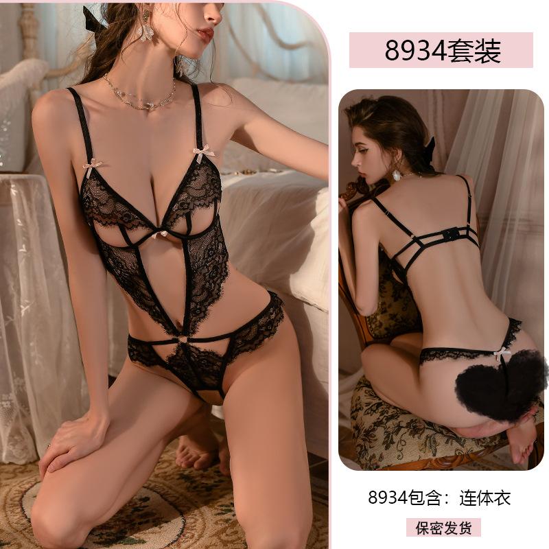 Erotic Underwear Sexy Pure Desire Lace Seductive Jumpsuit Women Hot See-Through Pajamas no-take Uniform 8934