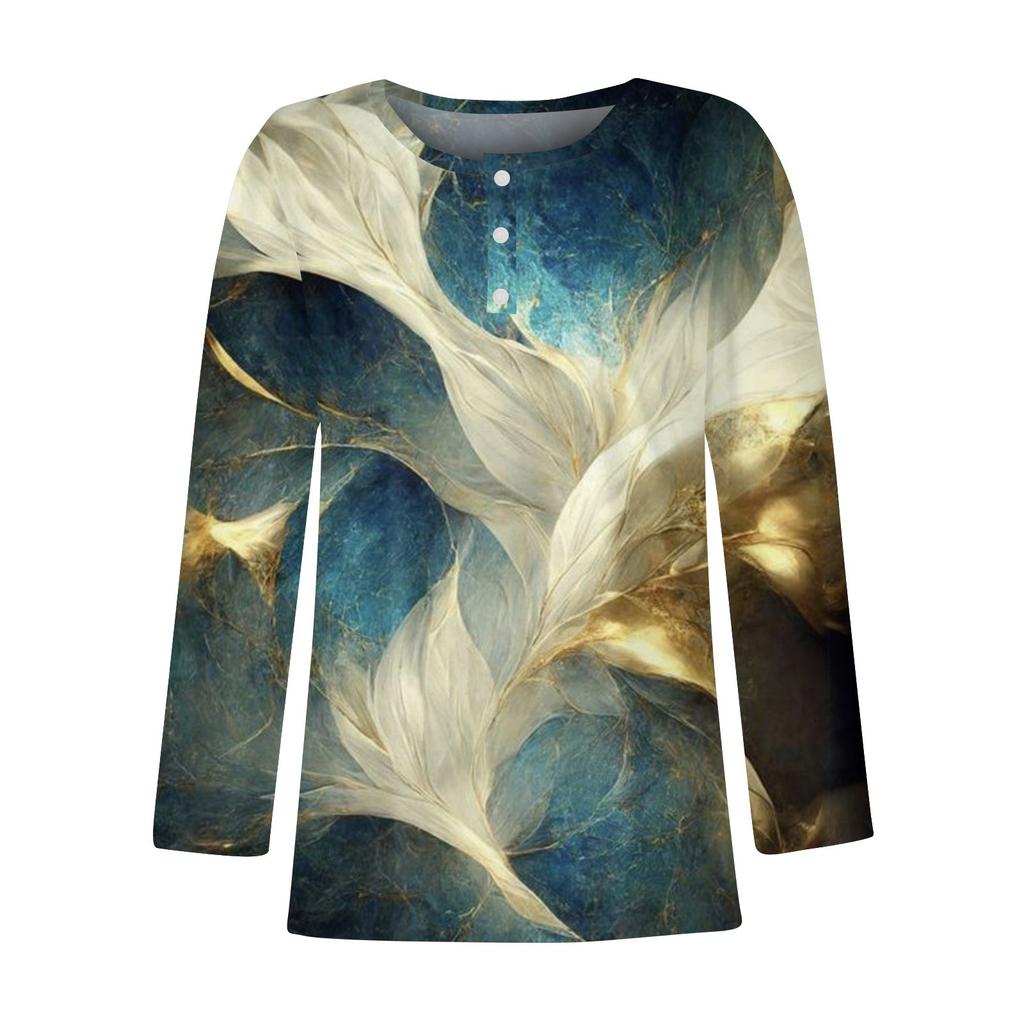 Women's New Button-Down Fashion Printing Long Sleeves T-Shirt Slim Top Casual Tops