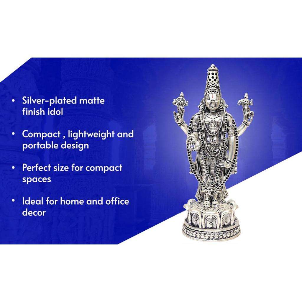 Lord Tirupati Balaji Silver Plated Matte Idol for Car Dashboard | Vishnu Ji Idol for Office Desk Venkateswara Swamy Murti for Home Decor