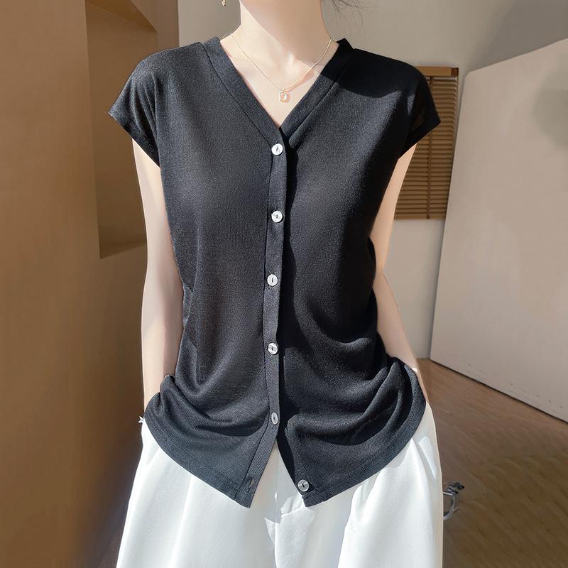 

Жіноча літня сорочка з шовкового шовку шовковиці 50% шовк 50% поліестер дихаючий легкий топ з короткими рукавами для повсякденного життя S чорний