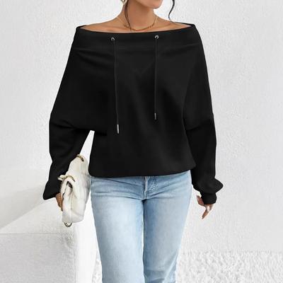 Damen Unifarbenes Off-Shoulder Sweatshirt mit Kordelzug Fledermausärmel Top Frühling Herbst Lässig Streetwear