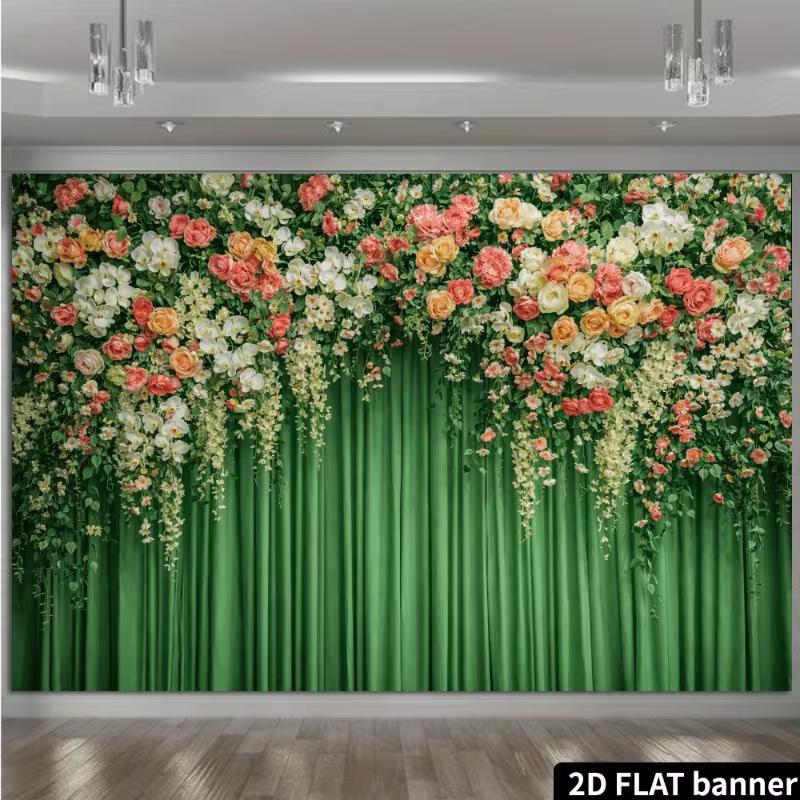 2D Elegant Floral Top Green Curtain Photography Background