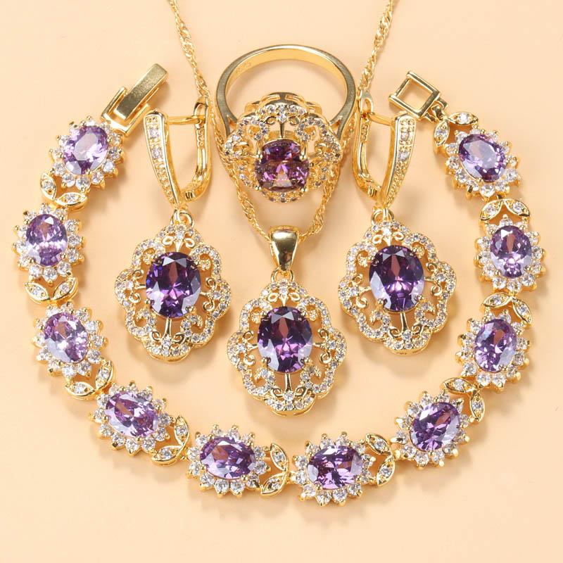 Morrocan Jewelry Sets  Gold Plated 12-Colors Zirconia Earring Necklace And Bracelet Ring For Women Fashion Accessories