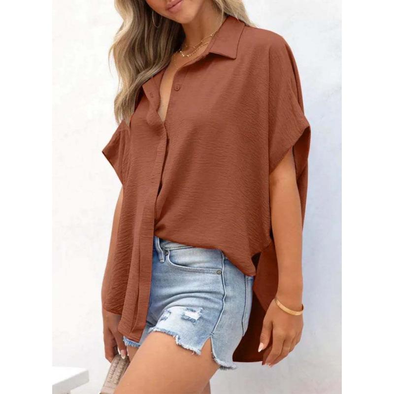 2025 Summer Women's Casual Solid Color Button Short Sleeve Shirt