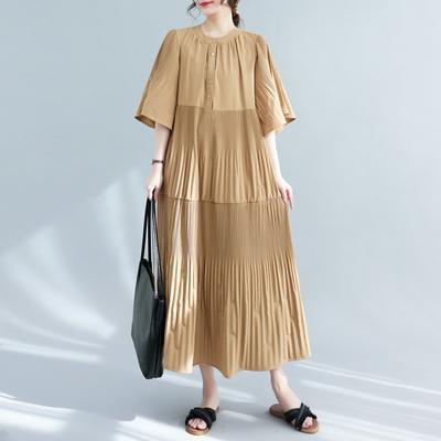 Sommer Locker Schlank Press-Plissee Mode Damen Kurzarm Langes Kleid Lässig Mehrfarbig Glockenärmel Kleider