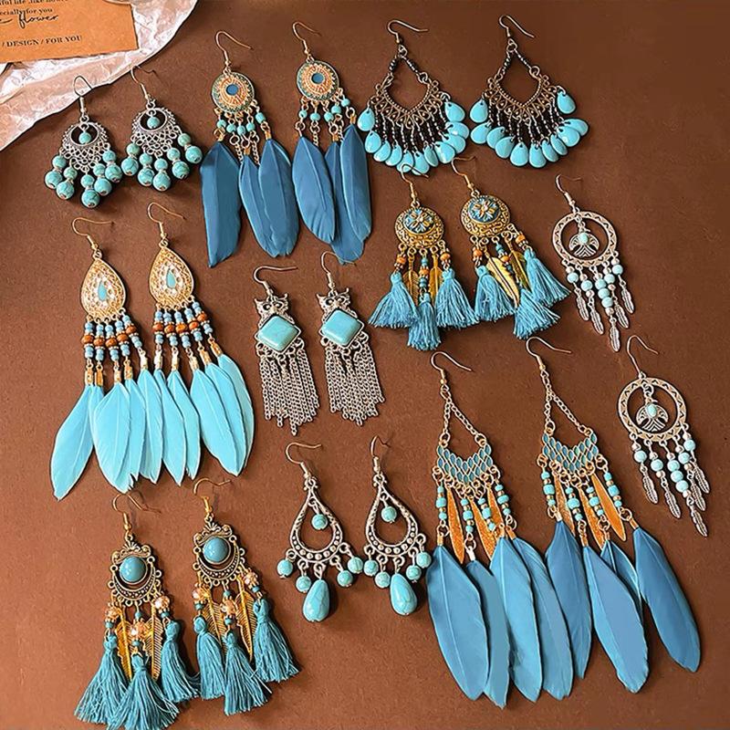 

Bohemian Blue Long Fringed Earrings Women s Premium Holiday Wind Ear Hooks Retro Ethnic Wind Earrings