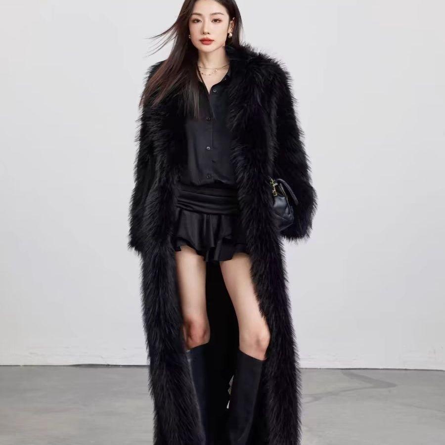Winter New Imitation Fox Black Long Coat with Cotton and Thick Environmentally Friendly Fur Coat for Women