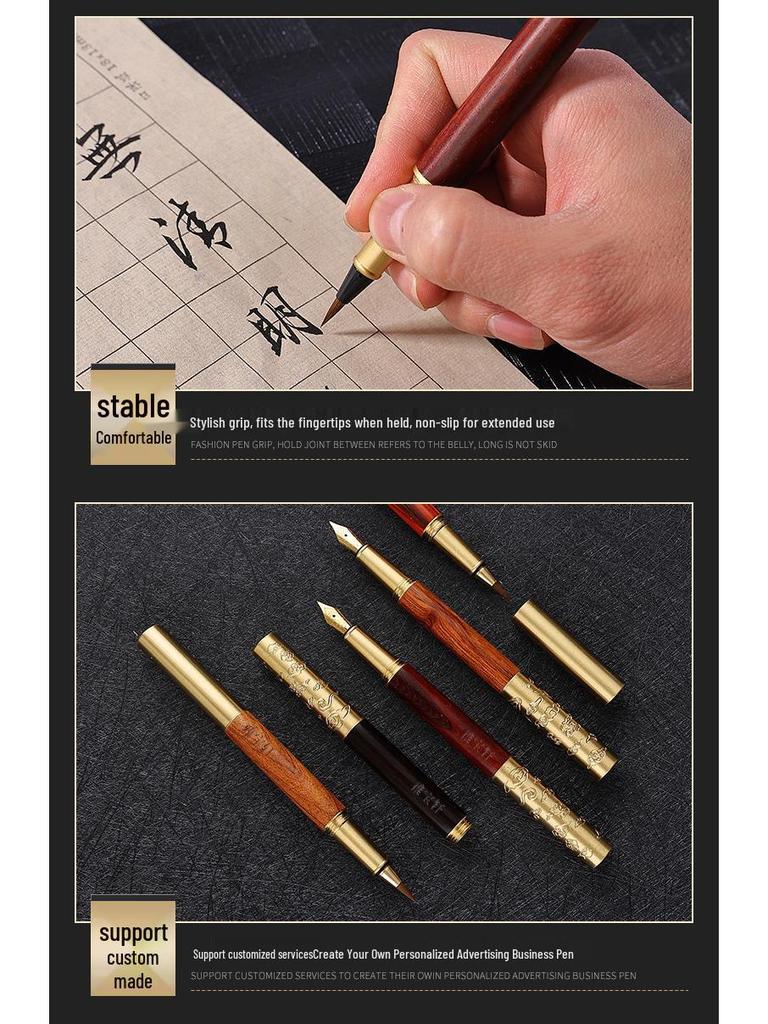 Retro Brass & Sandalwood Pocket Fountain Pen Set – Signature Calligraphy and Business Office Gift.