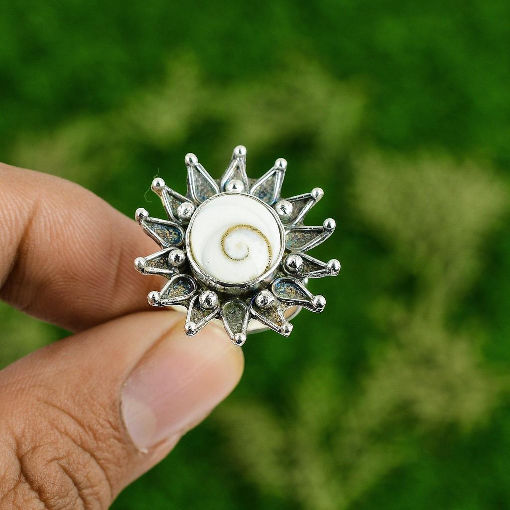 Gift For Her 925 Silver Natural Shiva Eye Shell Stackable Flower Adjustable Ring