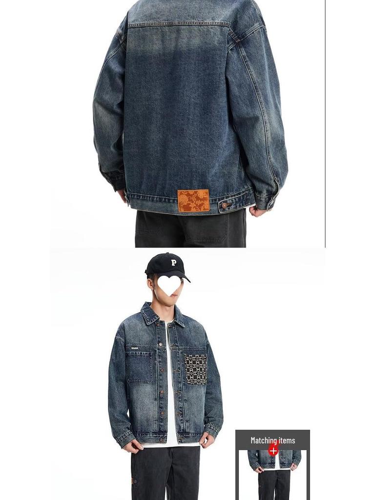 Men's Autumn Patchwork Denim Jacket: Precision Embroidery, Loose Fit, Plus Size Workwear Design.