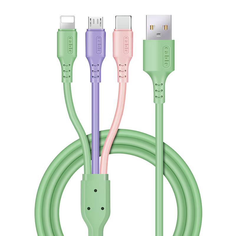 Thickened 3-in-1 Liquid Silicone Charging Cable, Ultra-Long 3A One-to-Three Data Cable