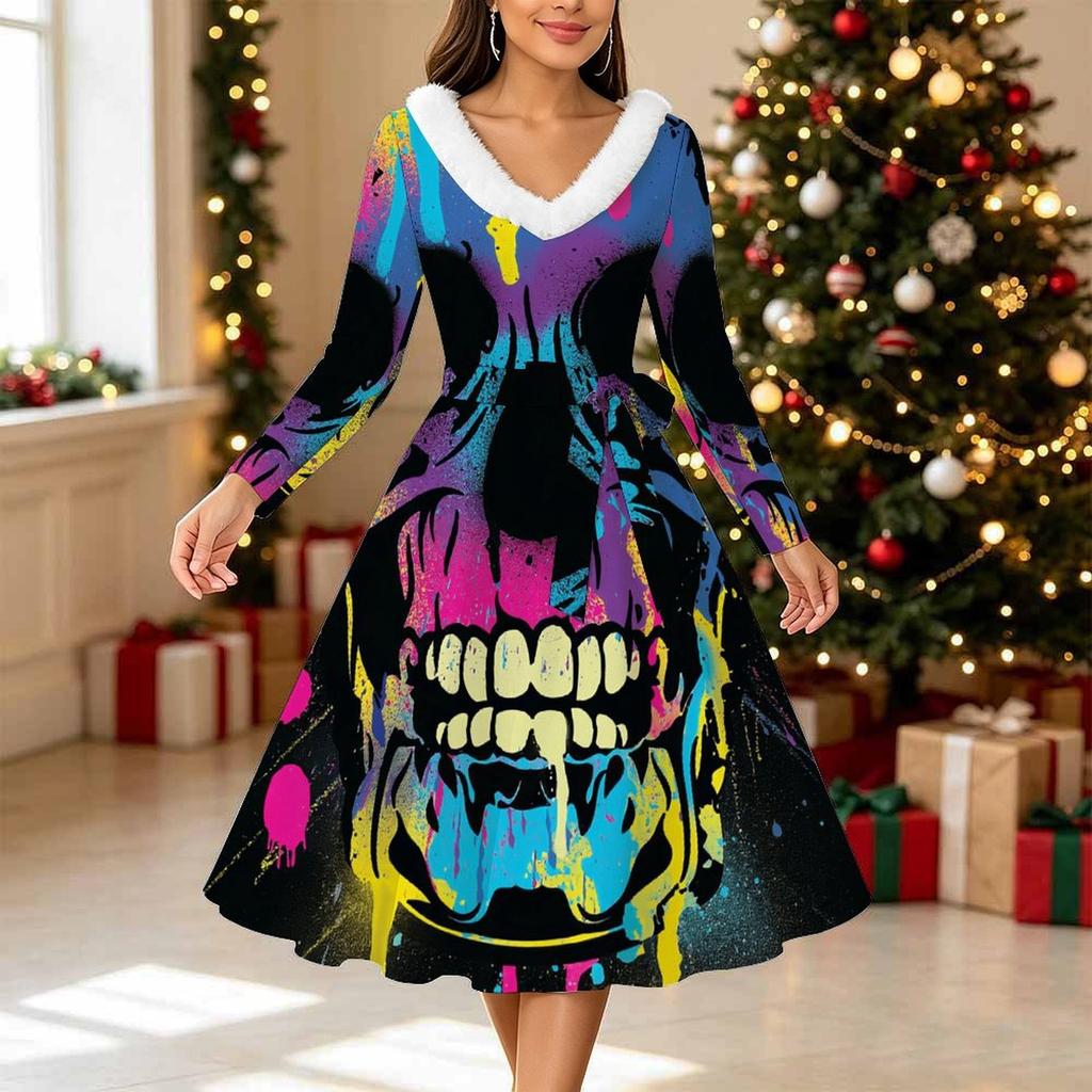 Women Halloween Pumpkin Print Midi Dress, Long Sleeve V‑Neck Furry Trim A‑Line Party Dress, Christmas Limited Edition