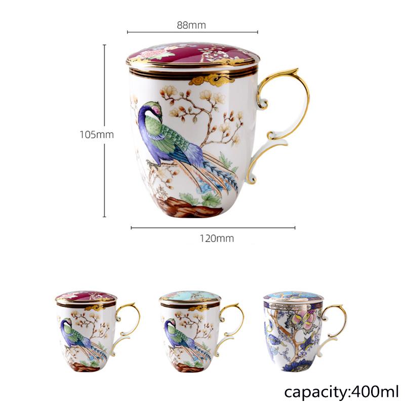 400ml Luxury High-Grade Bone China Chinese Style  Tea Cup with Lid Spoon Ceramic Flower Bird  Mug drinkware Gifts