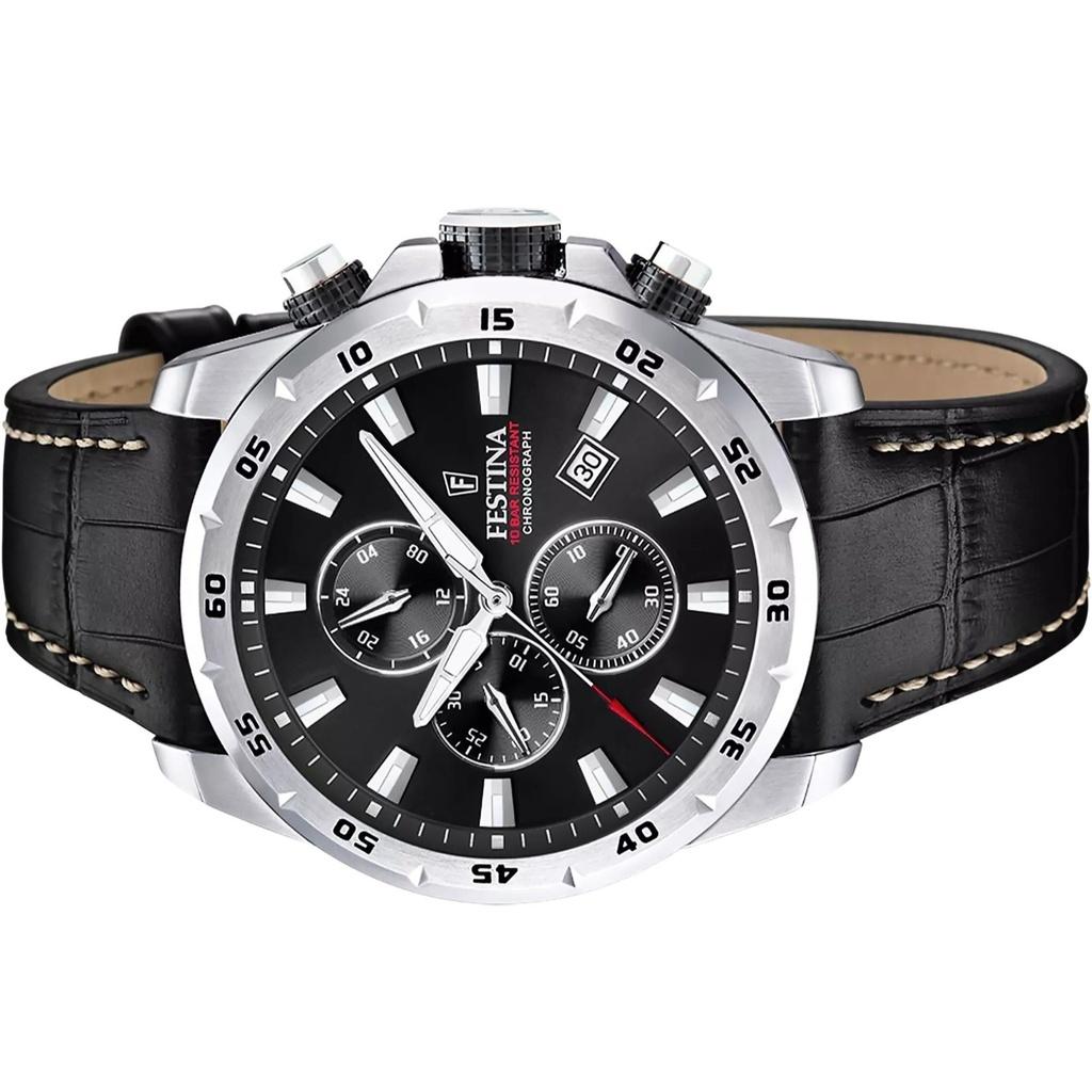 FESTINA Tidløs Kronograf Lærreim Svart Skive Kvarts F20692-4 100M Herreklokke