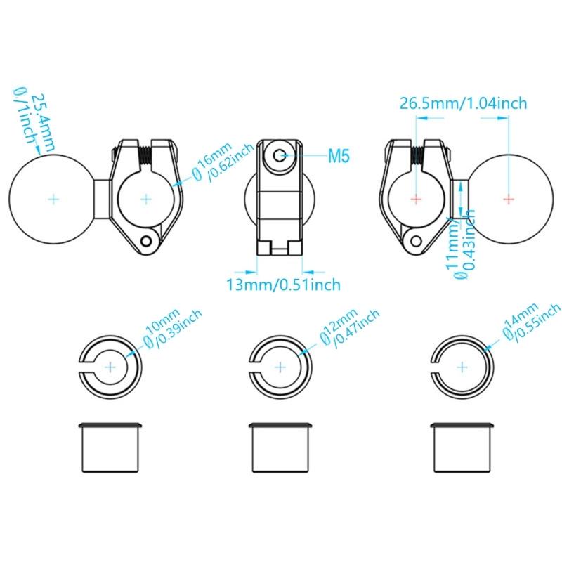 Mounting Base for 0.39-0.63inch Diameter Rail Includes 25mm Ball Joint for Action Cameras and Navigation Devices