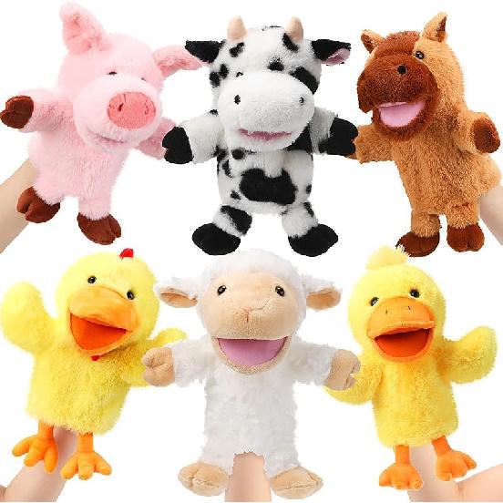 Lenwen 6 Pcs Valentines Day Gifts for Kids Hand Puppets Bulk with Working Mouth 10 Inches Plush Animal Hand Puppet Toddler Plush Toys for Classroom