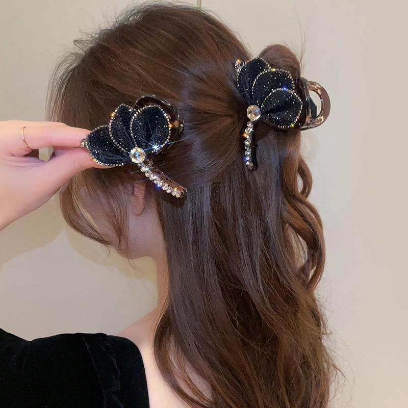 Hepburn-style romantic rhinestone flower hair clip, high-end and elegant full-diamond shark clip for updo hair, sophisticated ha