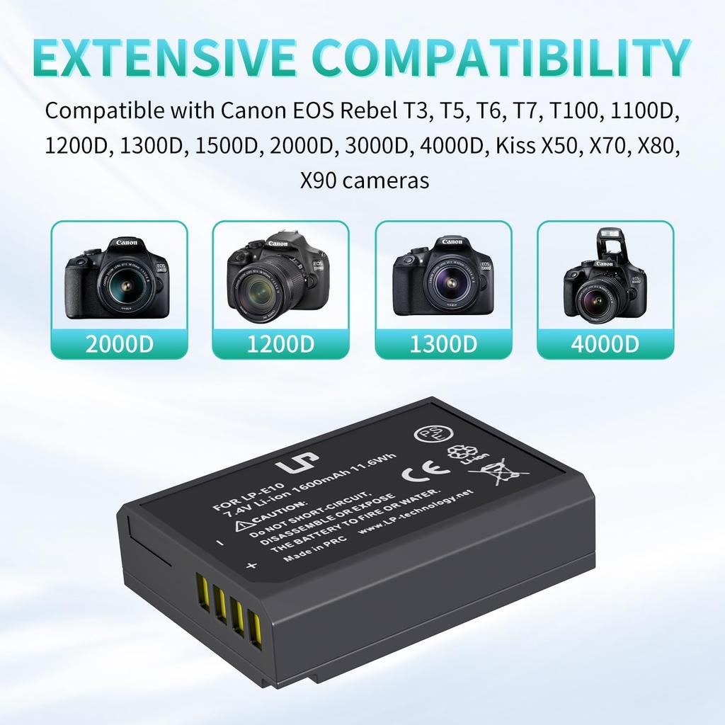 LP LP-E10 Battery Rechargeable, Charger Compatible with Canon EOS Rebel T7, T6, T5, T3, T100, 4000D, 3000D, 2000D, 1500D, 1300D, 1200D, 1100D & More