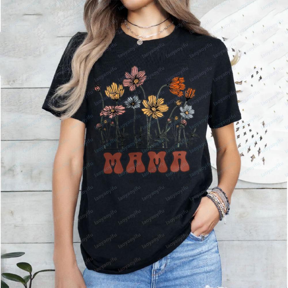 Custom MAMA TShirt for Mothers Day AllGender Cotton Casual Top with Vintage Wildflower Print Thoughtful Gift for Mom