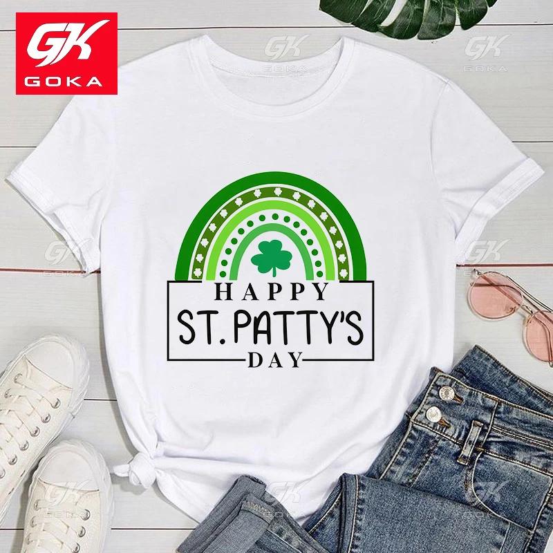 

Premium Cotton T Shirt Fashion Funny Happy St PatrickS Day Clover Rainbow Printed T Shirts Women Casual Short Sleeved Tees S