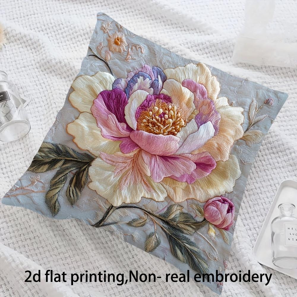 1Pc Zen Style Peony Floral Pillow Cover, 2D Double-Sided Print Polyester Throw Pillow Case, Traditional Chinese Art Decor, Elega