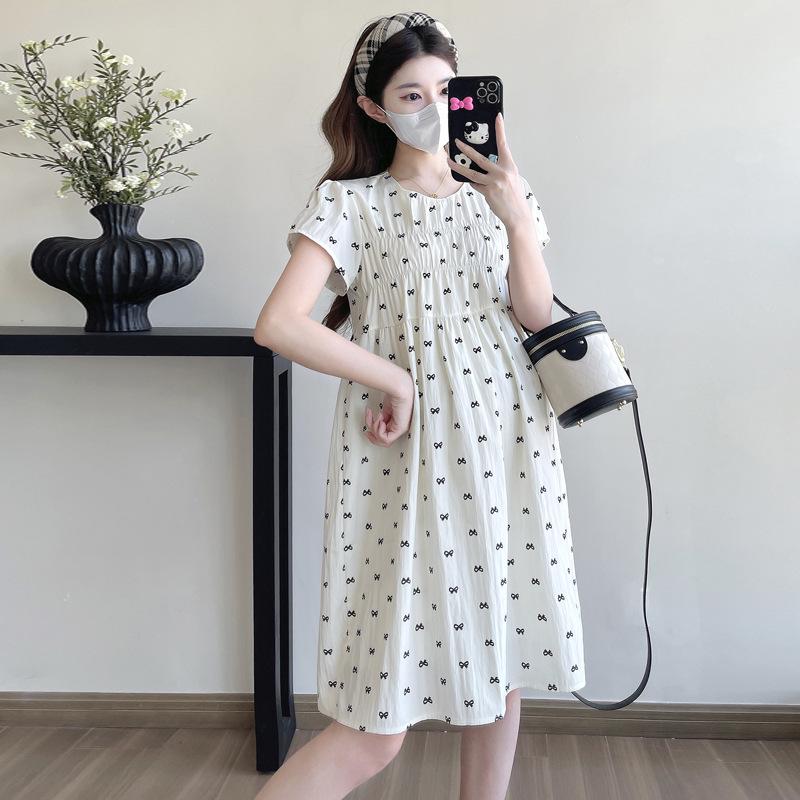2026 Trendy Summer Maternity Dress: Spicy Mom Short Sleeve Printed Loose Plus Size Skirt 2XL