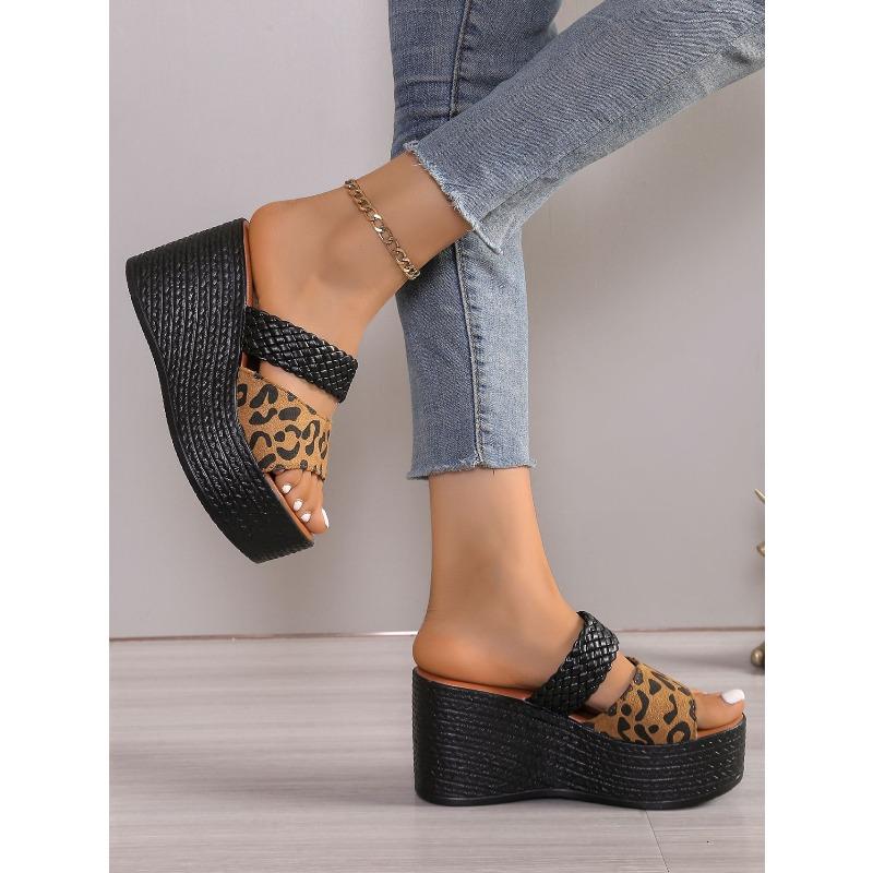 Leopard Print Open-Toe Platform Slippers for Women, Plus Size Thick-Soled Slippers