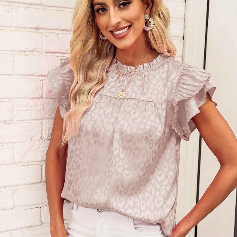 Summer New Fashion Leopard Printed Casual Shirts Women Summer Tops Flying Sleeve Slim Fit Casual Blouse for Women Elegant Solid Pullover Shirt 26626