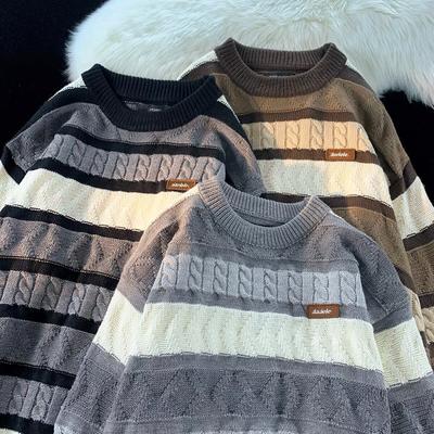 Retro Striped Lazy Style Round Neck Twisted Color Contrast Sweater Men's Trendy Loose Couple Versatile Casual Knitted Sweater