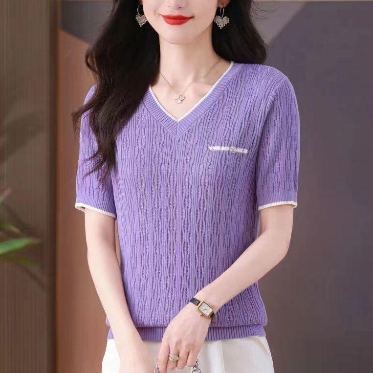 New Summer Women's V-neck Short-sleeved Loose T-shirt Knitted Sweater Hollow Thin Fashion Top