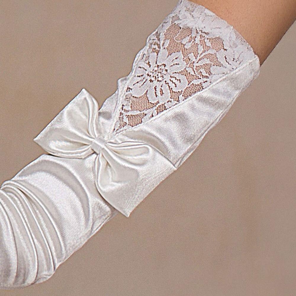Accessories Dinner Dress Party Autumn Bow Women Satin Gloves Lace Long Gloves Etiquette Mittens