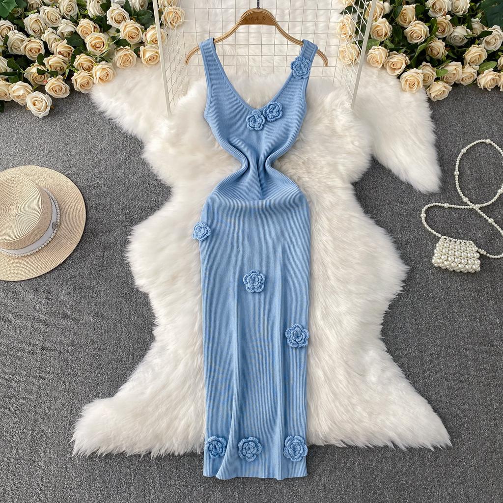 French three-dimensional flower V-neck knitted suspender dress women's summer Muse fan slim and thin hip-wrapped long skirt