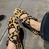Sheepskin Version Grape Mother Leopard Print Shoes Round Head Cross Belt Retro Flat Mary Jane Shoes Women's Shallow Mouth Versatile Single Shoes