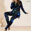 Women Plus Size Grey Printed Half Zip Long Sleeve Top And Fitted Long Pants Two Piece Outfit