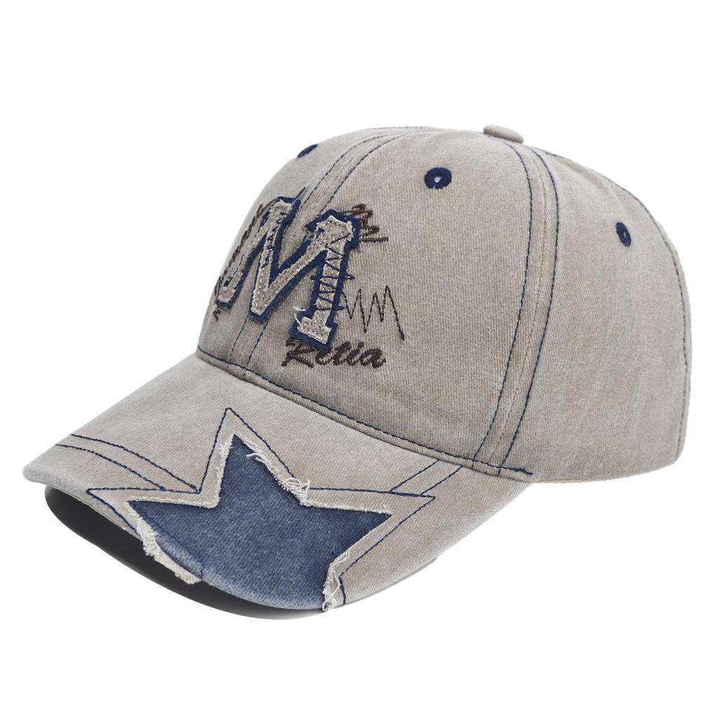 Women’s Retro Distressed Star Baseball Cap - Washed Denim Duckbill Hat with M Logo, Sun Protection, Face Slimming
