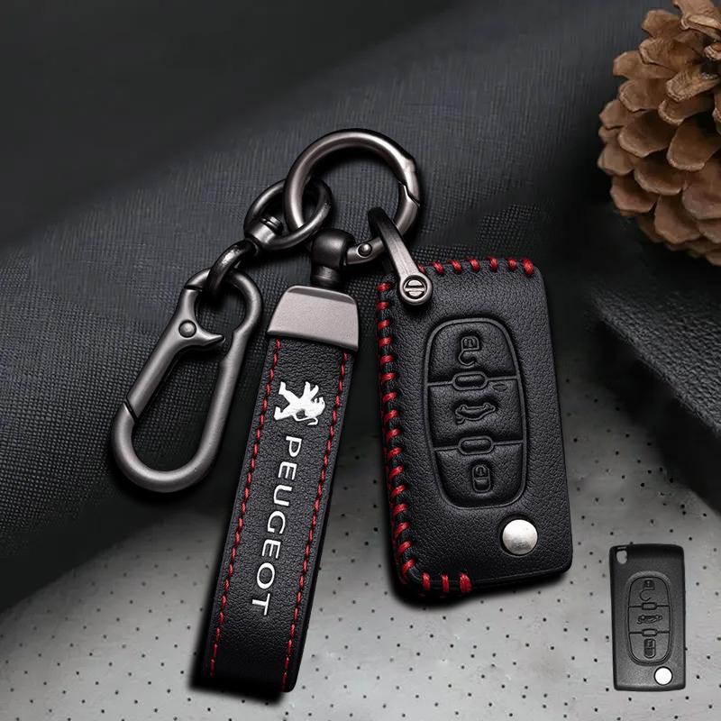 Leather Car Smart Remote Key Case Cover Protector I Shell for Peugeot 107 207 307 308 407 607 3008 5008 Auto Keychain Accessories