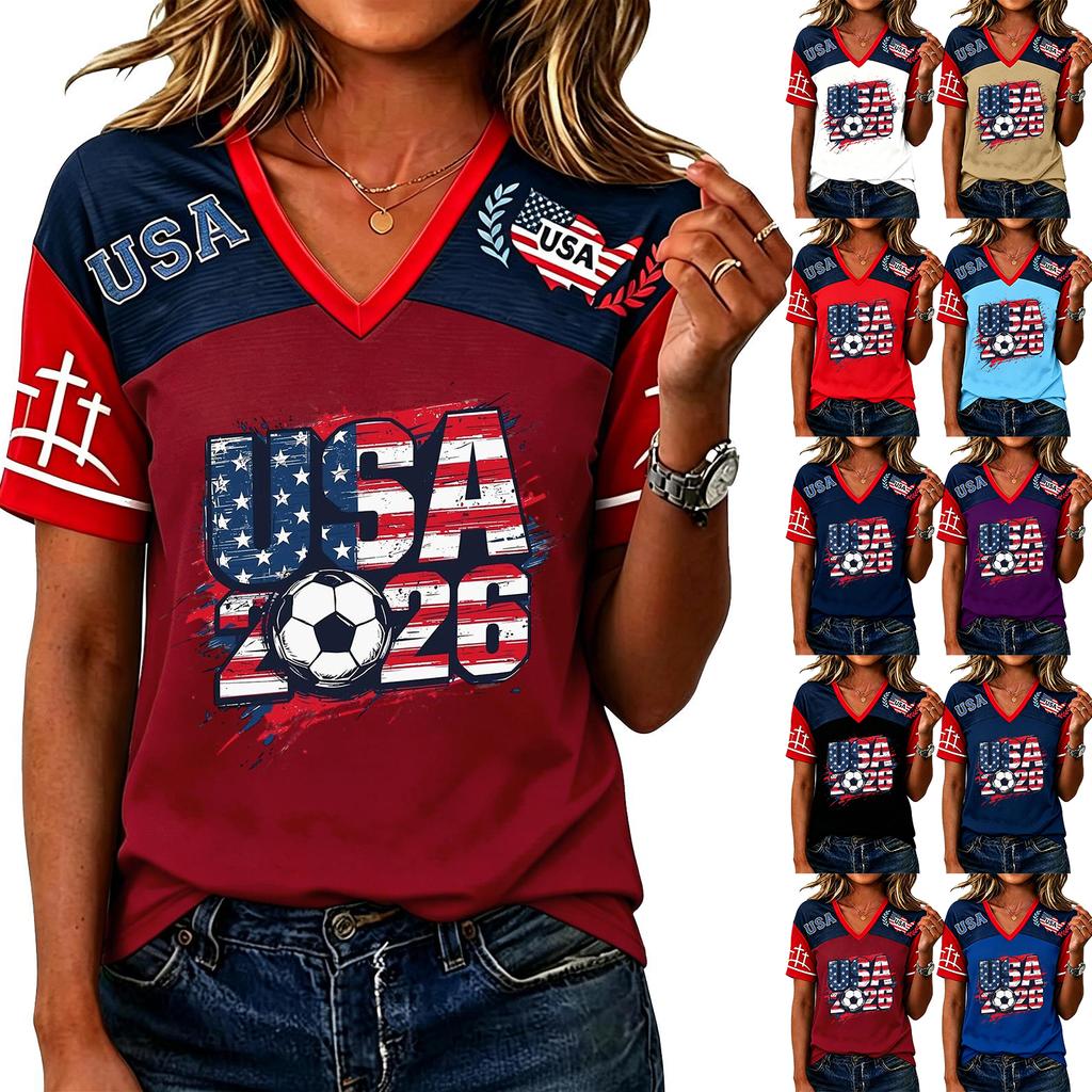 Women’s Casual Short Sleeve V Neck Pullover Top with USA 2026 Soccer Graphic Print Comfortable Loose Fit T Shirt for Daily Wear