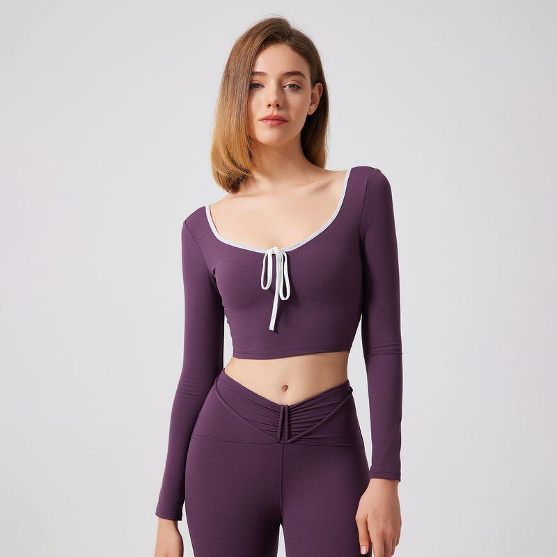 

Foreign Trade Belt Chest Pad Mesh Yoga Clothes for Women Sexy Running Exercise T-shirt Long Sleeves Quick-Drying Fitness Clothes Tops Outerwear Grape Thistle purple XL