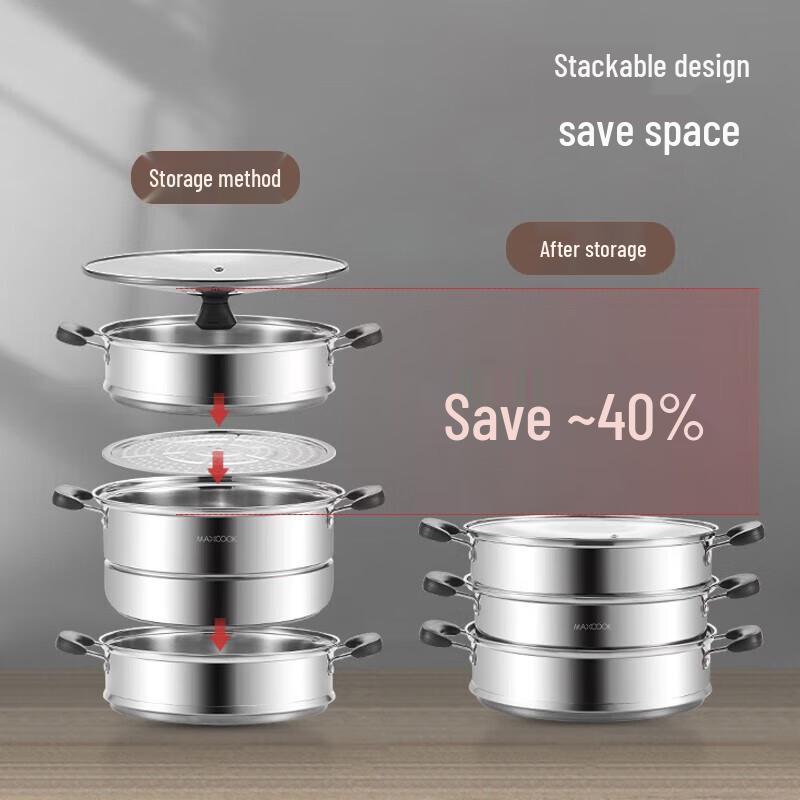 Meichu 30CM Stainless Steel 3-Layer Steamer with Glass Lid