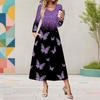 Women Plus Size V Neck Long Sleeve Purple Black Butterfly Printed Midi Dress With Pockets