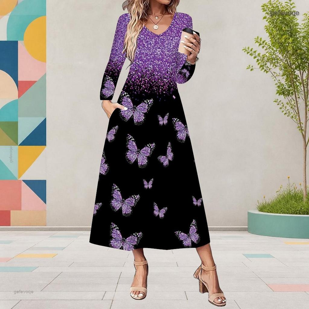 Women Plus Size V Neck Long Sleeve Purple Black Butterfly Printed Midi Dress With Pockets