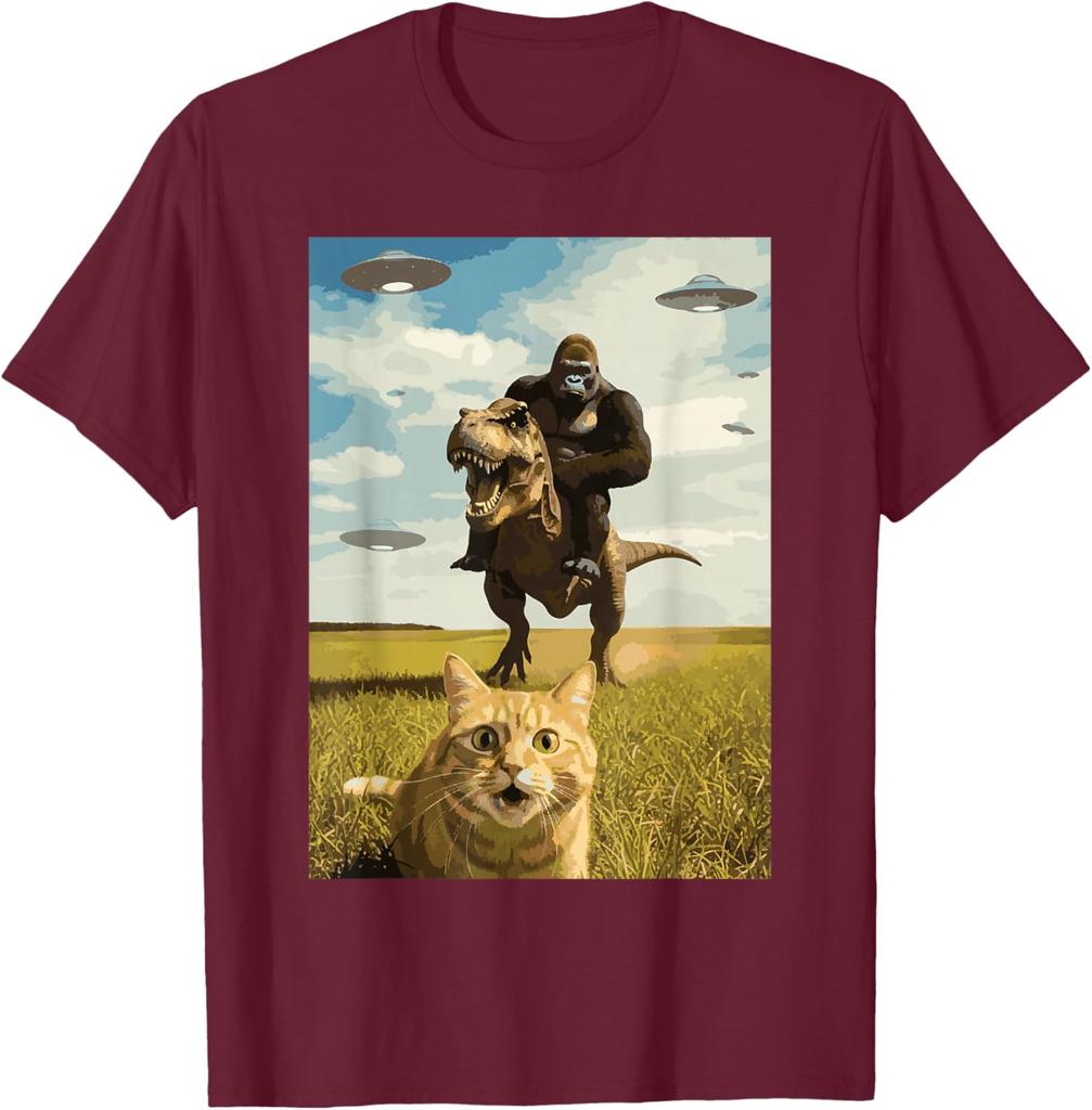 Gorilla Riding T Rex with Cat UFO Meme Graphic Tee Funny Casual Crewneck TShirt for Men